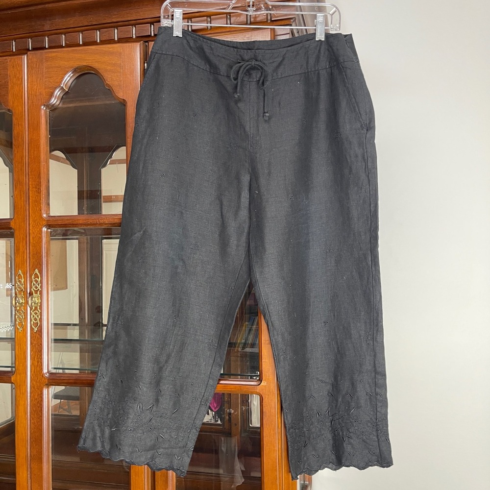 Paraphrase Petite Black 100% Linen Eyelet Scallop Hem Crop Pants 12P Drawstring